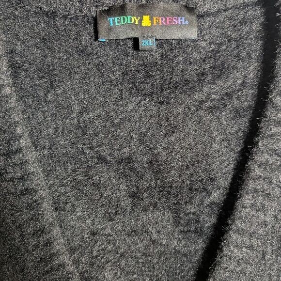 Teddy Fresh Black Fluffy Fuzzy Cardigan Sweater Green Bear Button Accent 2XL - Picture 6 of 7